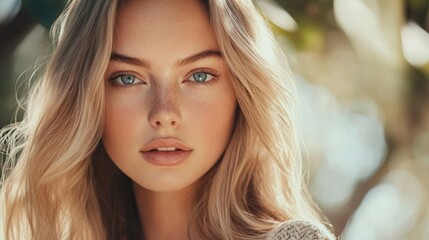 Fototapeta premium Golden Hour Beauty: A Portrait of a Young Woman with Long Blonde Hair and Blue Eyes