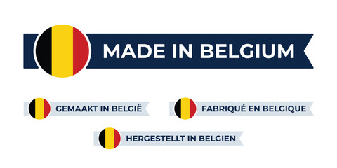 Made in Belgium label with Belgian flag colors. High-quality certification badge for Belgian products, branding, and manufacturing authenticity