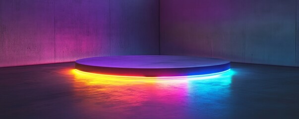 Neon-lit circular platform in a corner room, colorful reflections, product display
