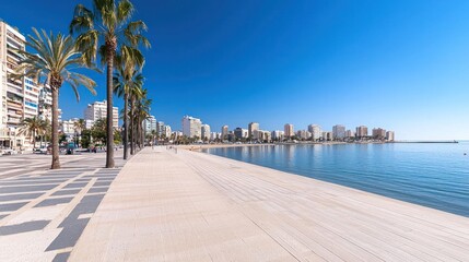 Fototapeta premium Coastal City Waterfront with Palm Trees on a Sunny Day