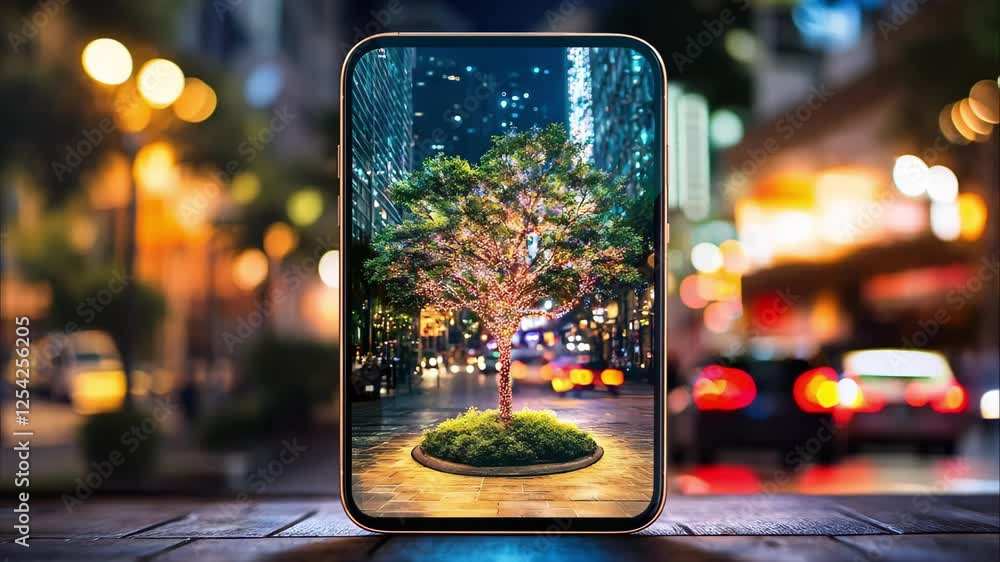 Poster a smartphone displaying a vibrant tree amidst a blurred urban background with colorful lights.