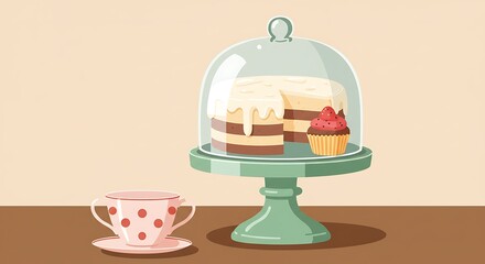 Tea with cake and cupcakes colorful design element. Bakery shop flat vector illustration. Coffee shop, bakery menu decor. Cupcake, muffin, cake slice. Holiday birthday restaurant party banner template