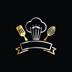 Luxury restaurant emblem with crown, fork and spoon. Vector illustration.