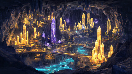 City blending underground cavern world with surface featuring glowing crystals and subterranean rivers intertwined with skyscrapers and highways. Underground Skyscrapers. Illustration