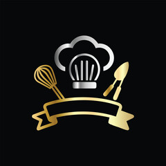 Luxury restaurant emblem with crown, fork and spoon. Vector illustration.