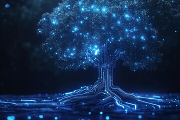 Glowing digital tree network, dark background, futuristic concept