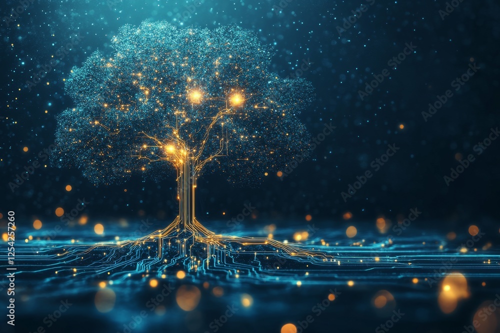Poster Glowing digital tree network, data visualization, futuristic background