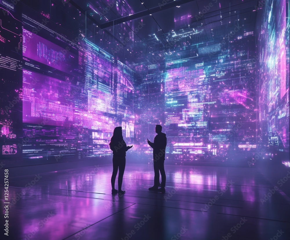 Poster silhouetted figures discuss data in futuristic digital room
