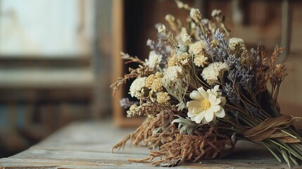 Obraz premium A charming bouquet of dried flowers with lavender and wildflowers, placed on a rustic wooden table, evoking nostalgia and warmth. 