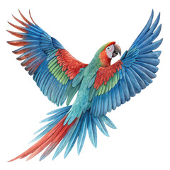 Obraz premium A vibrant parrot with multicolored feathers in flight, showcasing its majestic wingspan and lively plumage.
