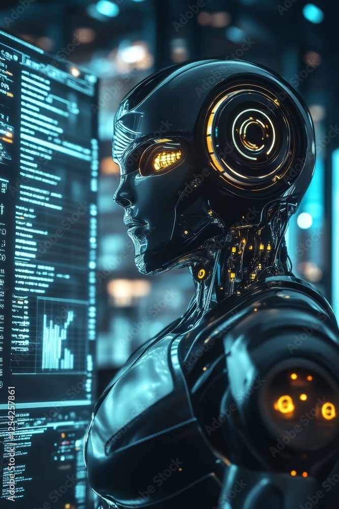 Poster Female robot coding in futuristic server room