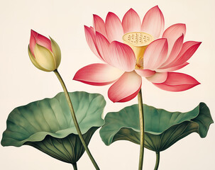 Vintage botanical vintage illustration of blooming pink lotus flower with green leaves on white background