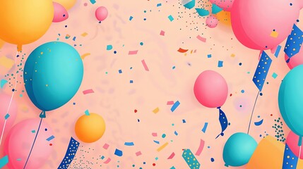 Colorful floating balloons with confetti, festive birthday and party backgroun