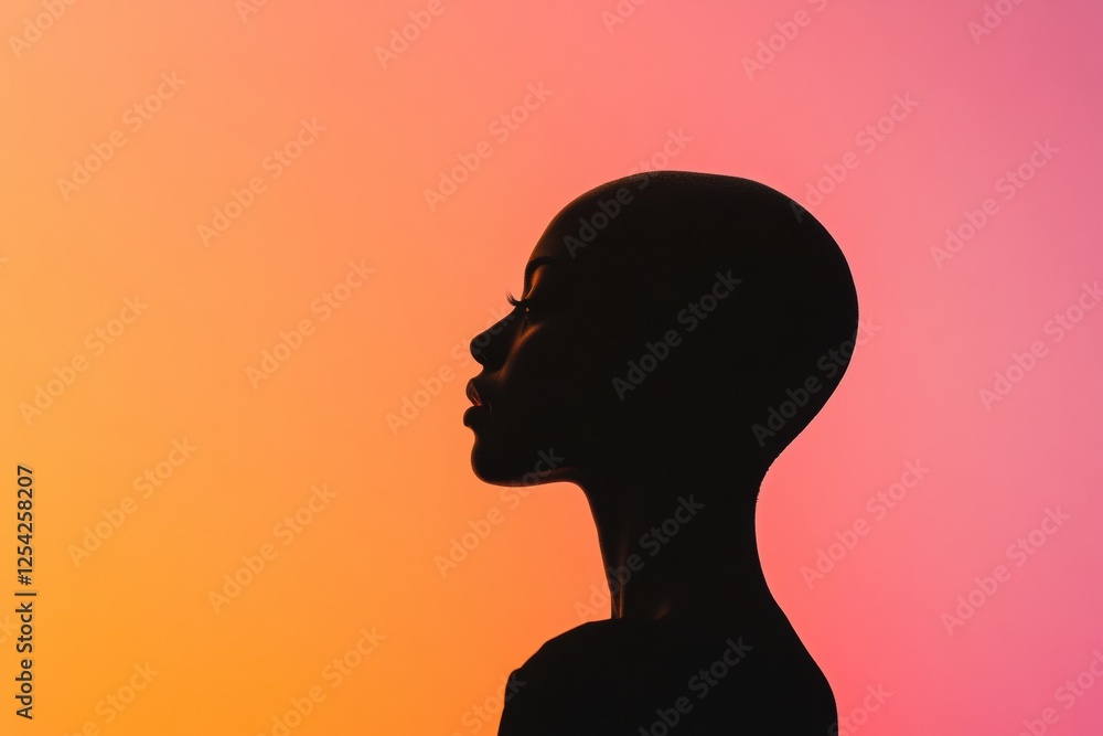 Aufkleber Silhouette of a person with bald patches against a vibrant sunset background during twilight hours. Generative AI