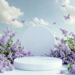 a white circular podium surrounded by a vibrant lavender field and fluttering butterflies, creating a tranquil and picturesque atmosphere perfect for peaceful displays and natural backdrops