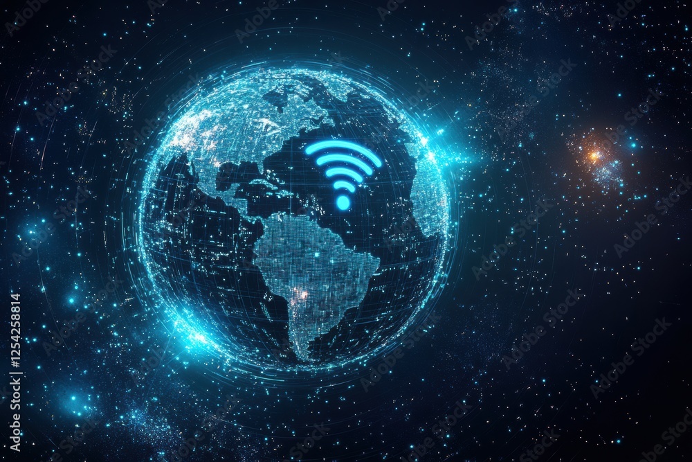 Poster stylized digital globe with wi-fi symbol in space background featuring glowing effects and blue ligh