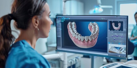Dentist reviewing a 3D dental model of human teeth on a computer screen in a modern dental clinic with advanced technology equipment