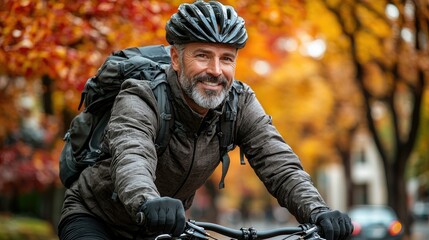 Fototapeta premium Happy Mature Man Cycling in Autumn Scenery