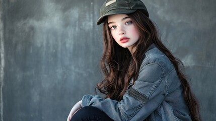 Fototapeta premium Portrait of a Teen Girl with Long Hair and a Cap