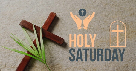 Obraz premium Image of holy saturday text over cross and palm on grey background