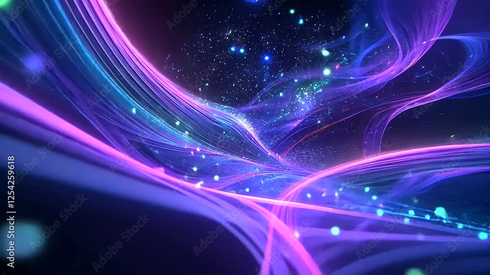 Poster a high-tech digital landscape featuring luminous particles and flowing data streams.