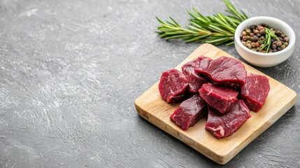 Raw Beef Cubes On Wooden Cutting Board With Herbs And Spices