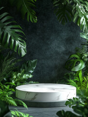 A luxurious product presentation podium, framed by lush tropical foliage on a dark background, with a refined marble base ideal for showcasing eco-friendly products in a serene, nature-inspired settin