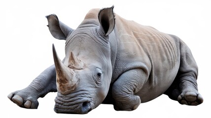 Obraz premium Relaxed rhinoceros resting peacefully on a white background
