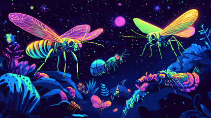 Neon insects in a cosmic realm. Cosmic Insects. Illustration