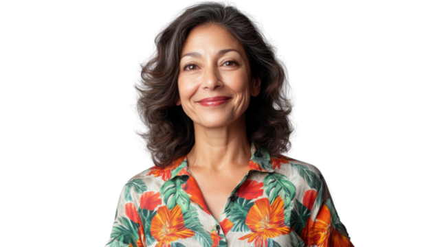 Smiling mature woman with transparent background posing for a studio portrait