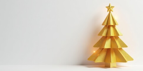 Elegant gold Christmas tree, minimalist white backdrop, christmas decor, sparkle, winter