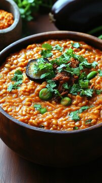 Delicious Indian Eggplant Curry with Edamame and Cilantro in Rustic Wooden Bowl - Vegan Comfort Food Rich in Spices and Flavorful Herbs for a Gourmet Experience