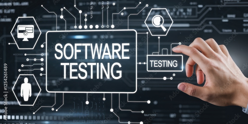 Poster software testing concept with hand interacting with digital interface
