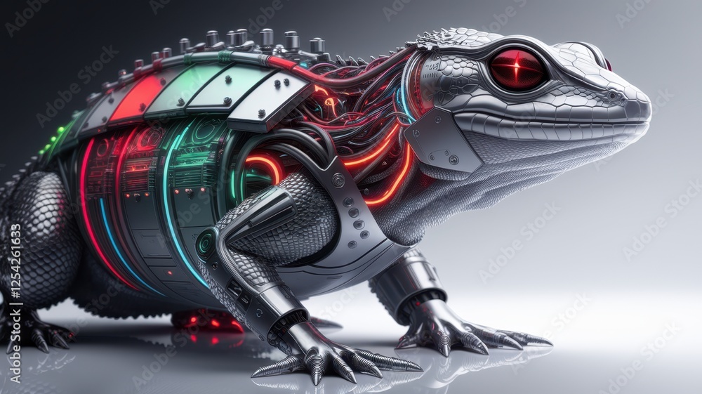 Poster futuristic robotic lizard with glowing circuits and metallic features