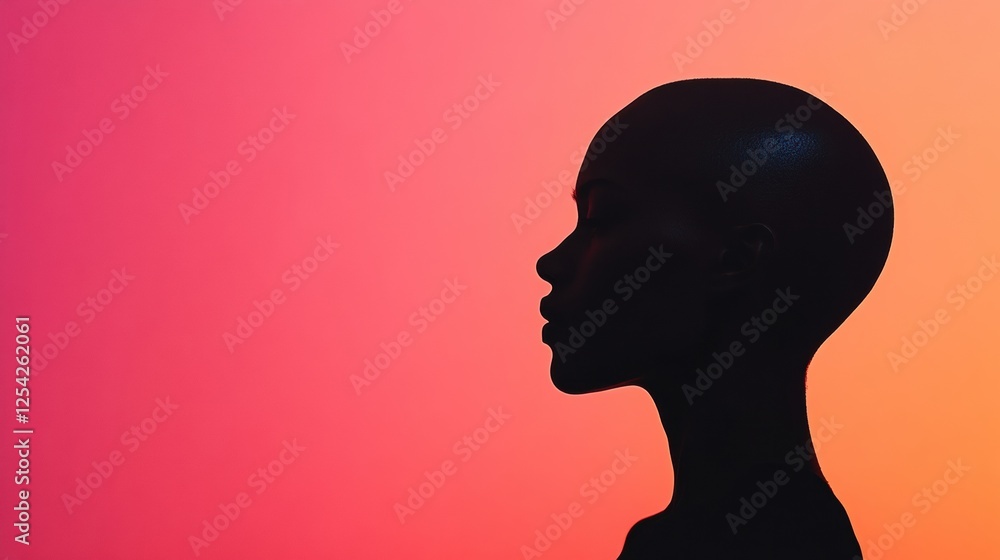 Leinwandbilder silhouette of a person with bald patches against a vibrant gradient background during sunset hours. 