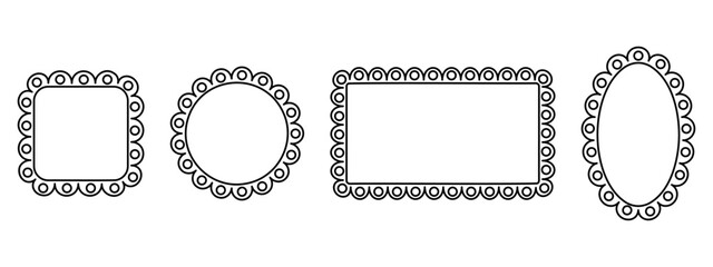 Set of rectangle and square, oval and circle frames with scalloped edges. Vignettes for photo or picture with frilly borders. Empty boxes, tags or labels. Vector graphic illustration.