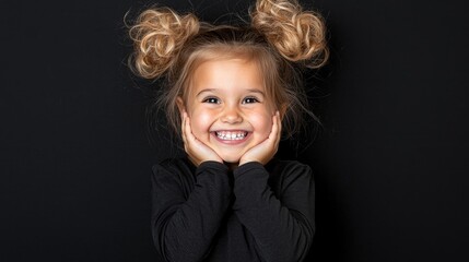 Portrait of a smiling child with blonde pigtails against black background; joyful expression. Possible use Stock photo for children's products or marketing
