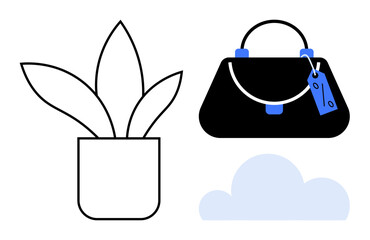 Potted plant with three leaves, handbag with tag, and cloud in minimalist style. Ideal for decor, fashion, aesthetics, indoor environment, branding product design and digital interfaces. Abstract