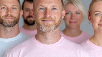 Group of people wearing pink shirts, focused on the center, neutral background. Possible use in advertising or promotional materials
