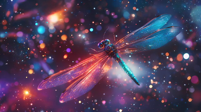 A beautifully detailed digital rendering featuring a luminous dragonfly elegantly hovering amidst a striking cosmic environment filled with stars and lights. Cosmic Insects. Illustration