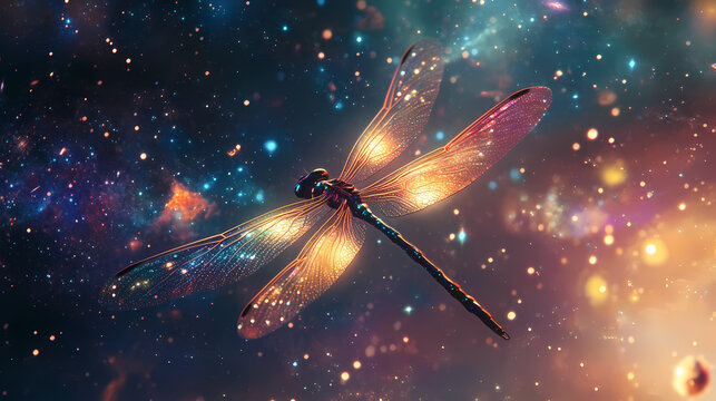 A beautifully detailed digital rendering featuring a luminous dragonfly elegantly hovering amidst a striking cosmic environment filled with stars and lights. Cosmic Insects. Illustration