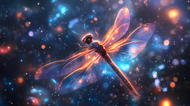 A beautifully detailed digital rendering featuring a luminous dragonfly elegantly hovering amidst a striking cosmic environment filled with stars and lights. Cosmic Insects. Illustration