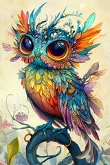 Obraz premium Colorful artistic owl perched on a branch showcasing detailed feather patterns and vibrant colors in a whimsical setting