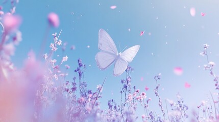 White butterfly flying over pastel flowers, spring sky, petals falling, dreamy background, website banner
