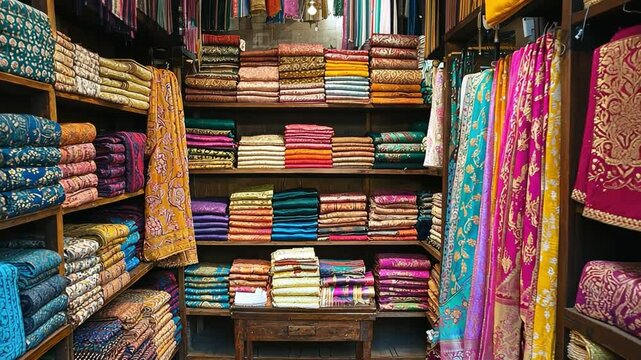 Vibrant Indian saree shop brimming with colorful textiles, creating an inviting and lively atmosphere. Medium handheld shot.