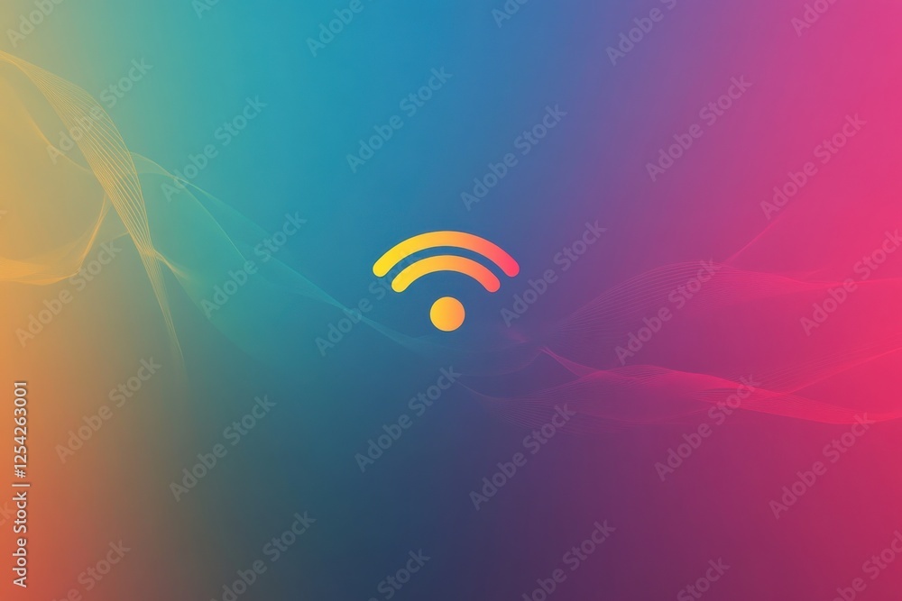 Poster vibrant flat design icon of a wi-fi hotspot with soft waves in a colorful gradient background for cr