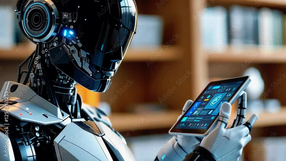 Aufkleber futuristic robot holding a tablet, analyzing data in a modern library setting with shelves