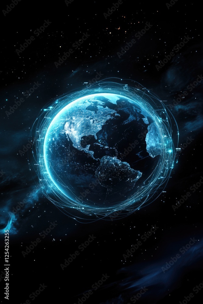 Poster night planet earth from space with light lines of communication and connection. business and finance