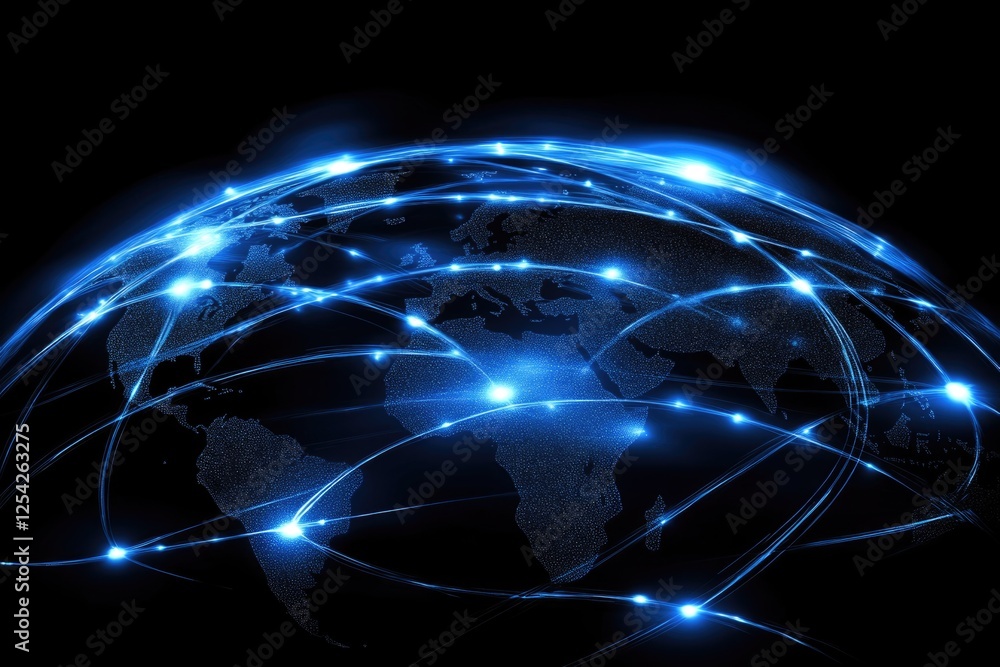 Poster night planet earth from space with light lines of communication and connection. business and finance