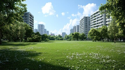 City Park With Modern Residential Buildings On Sunny Day